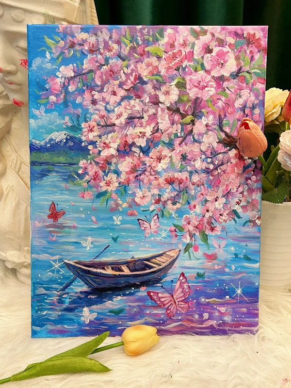 Tranh vẽ hoa đào đẹp nhẹ nhàng và tinh tế 