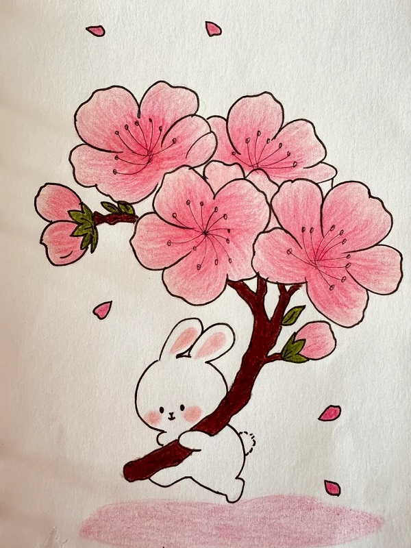 Tranh vẽ hoa đào dịu dàng với gam màu pastel