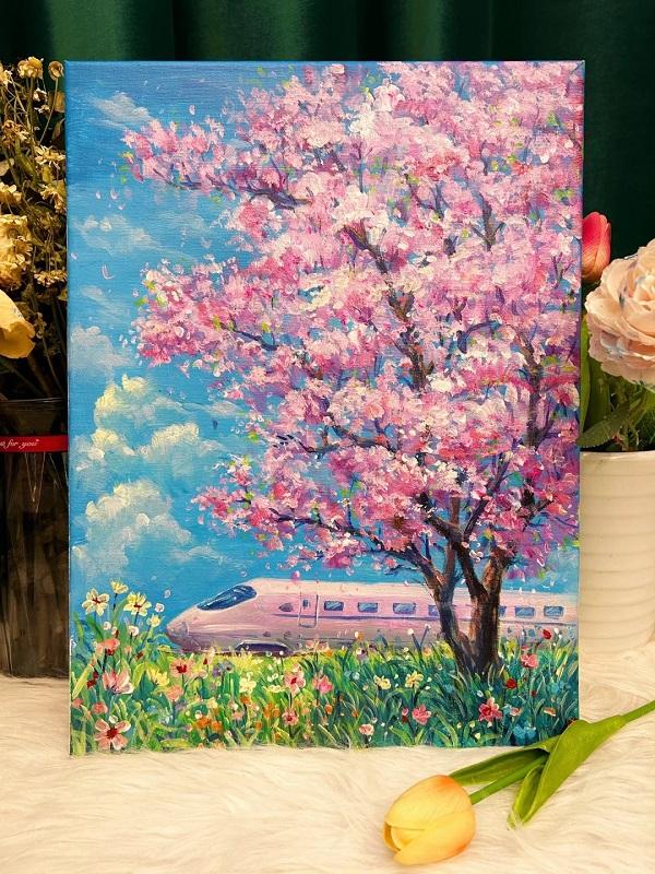 Tranh vẽ hoa đào nghệ thuật với sắc hồng rực rỡ 