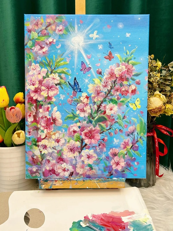 Tranh vẽ hoa đào ngày Tết mang ý nghĩa may mắn