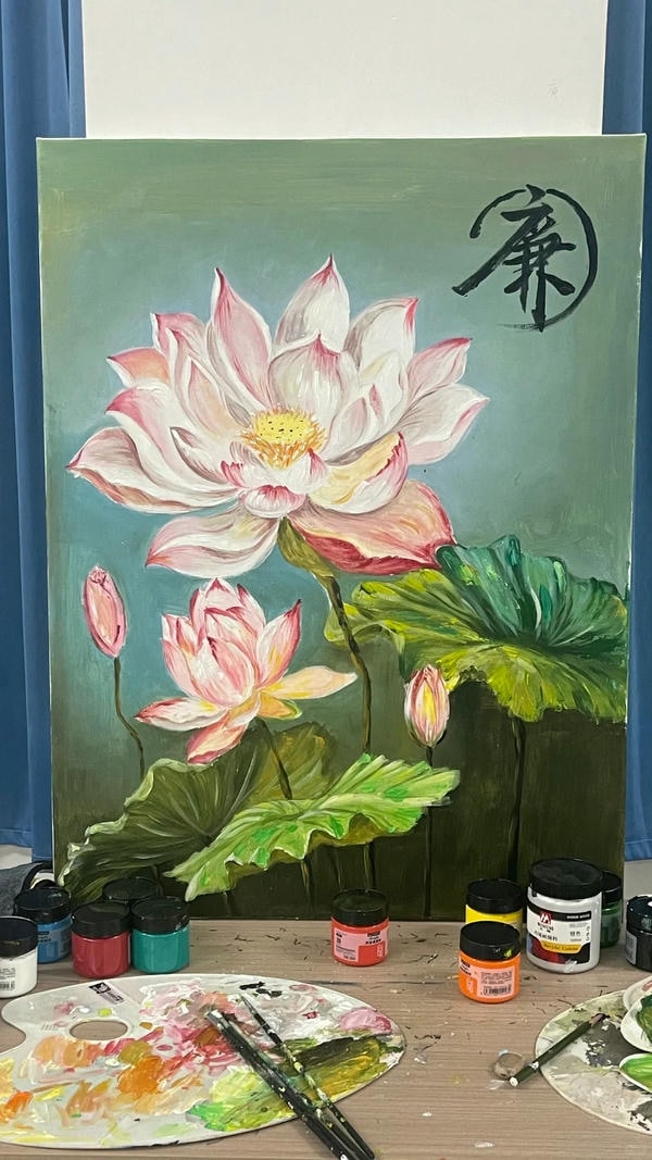 tranh sơn dầu hoa sen 23
