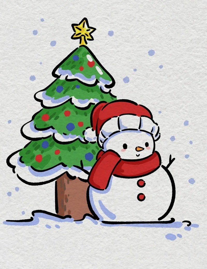 Cách vẽ cây thông noel và người tuyết