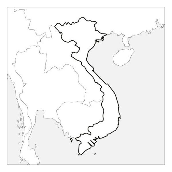 Map of Vietnam black thick outline highlighted with neighbor countries.