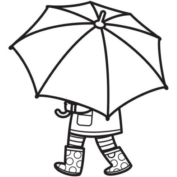 Vector Black And White Girl Walking in Rain with Umbrella