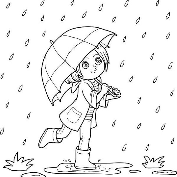 Coloring book for children. Girl running with an umbrella in the rain