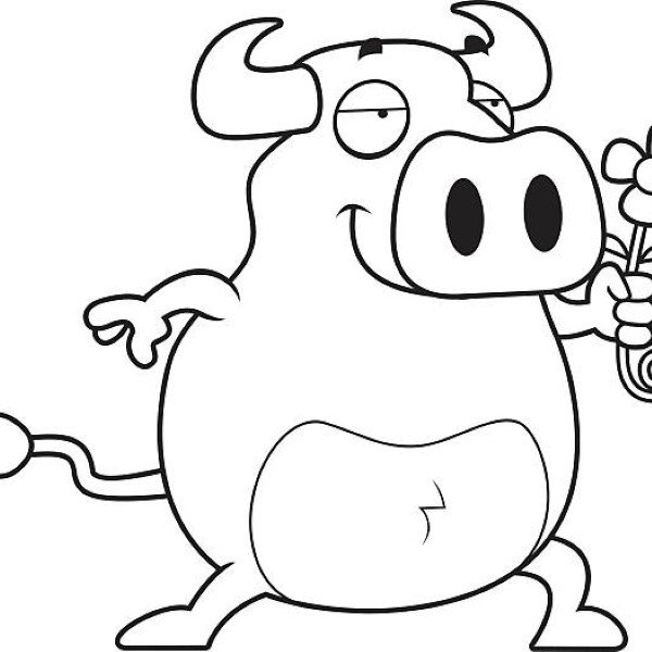 A happy cartoon bull with a flower.