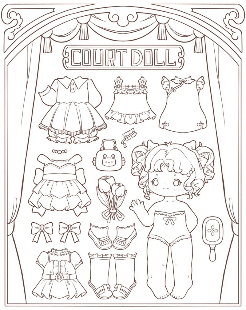 tranh tô màu búp bê giấy cute 9