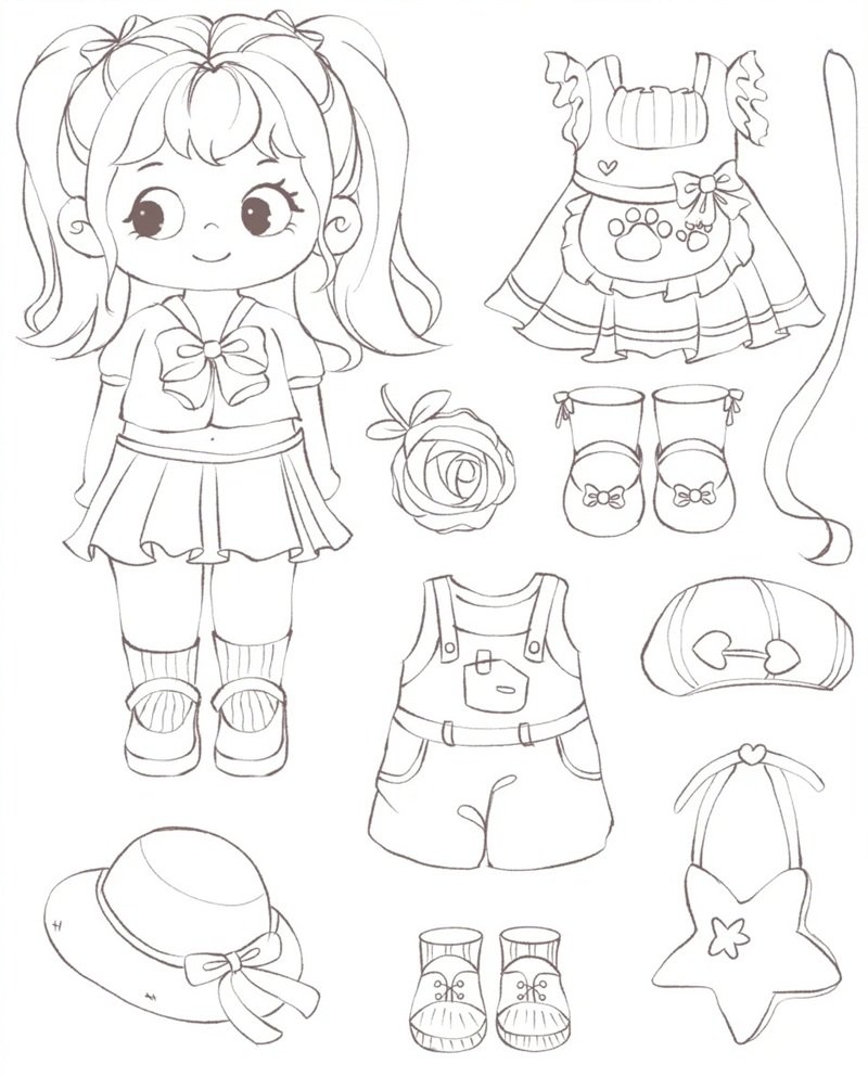 tranh tô màu búp bê giấy thay đồ chibi