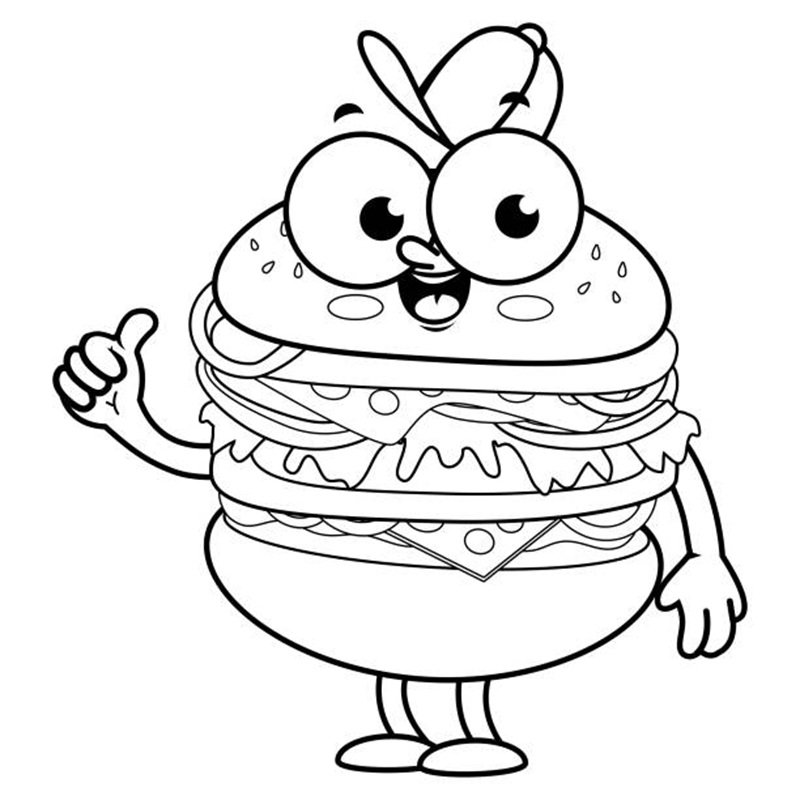 Cartoon hamburger character. Vector black and white coloring page