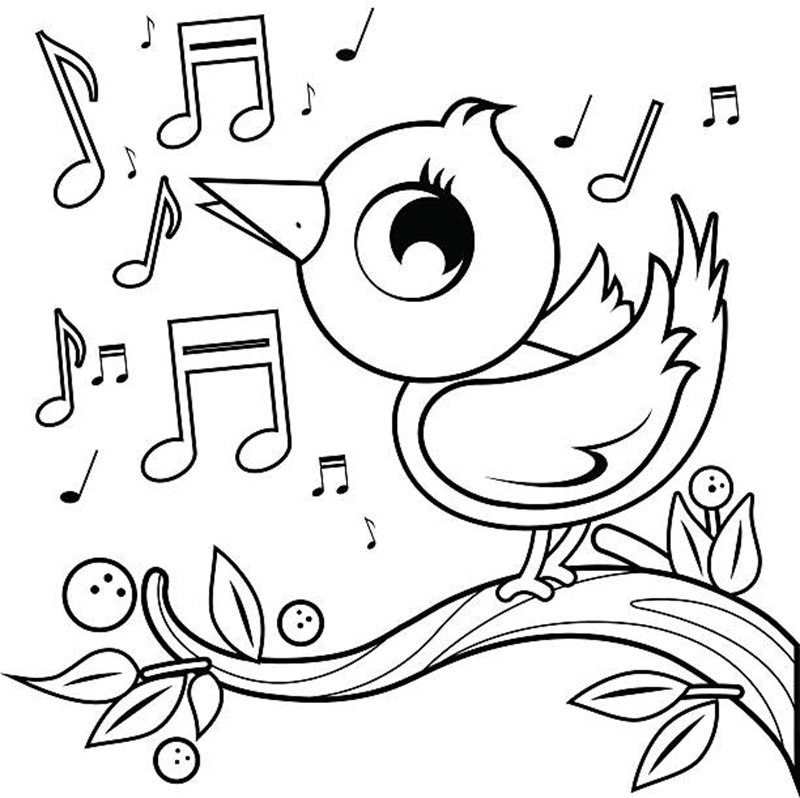Vector illustration of a cute bird singing. Coloring book black and white page.
