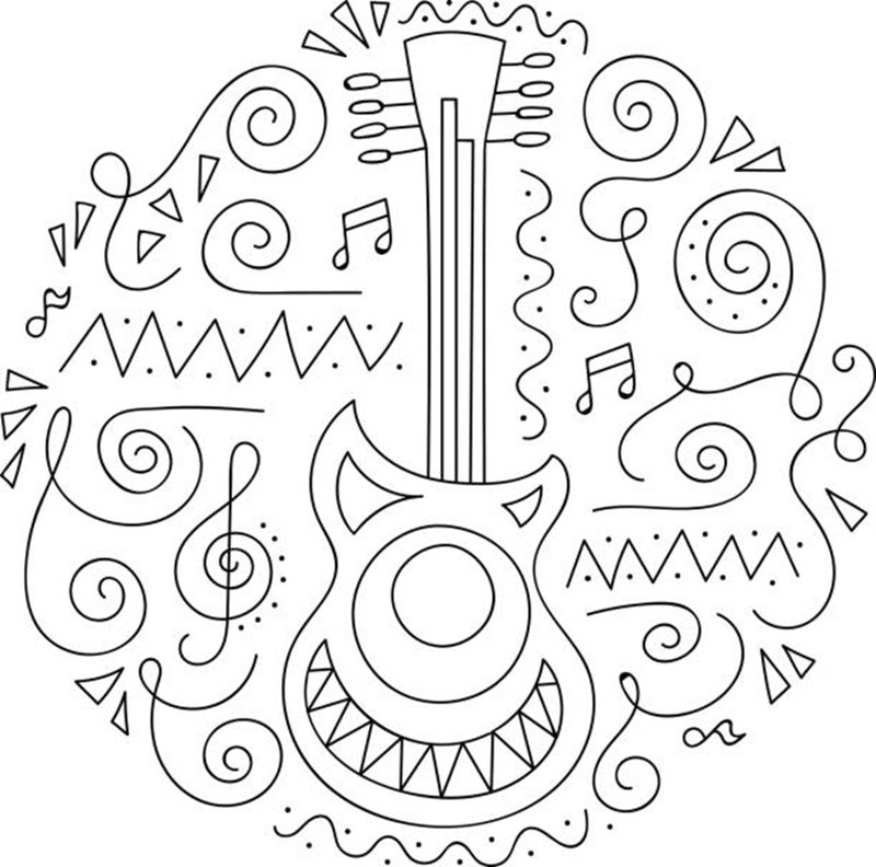 Doodle Guitar. Jazz festival coloring page. Decorative vector illustration.