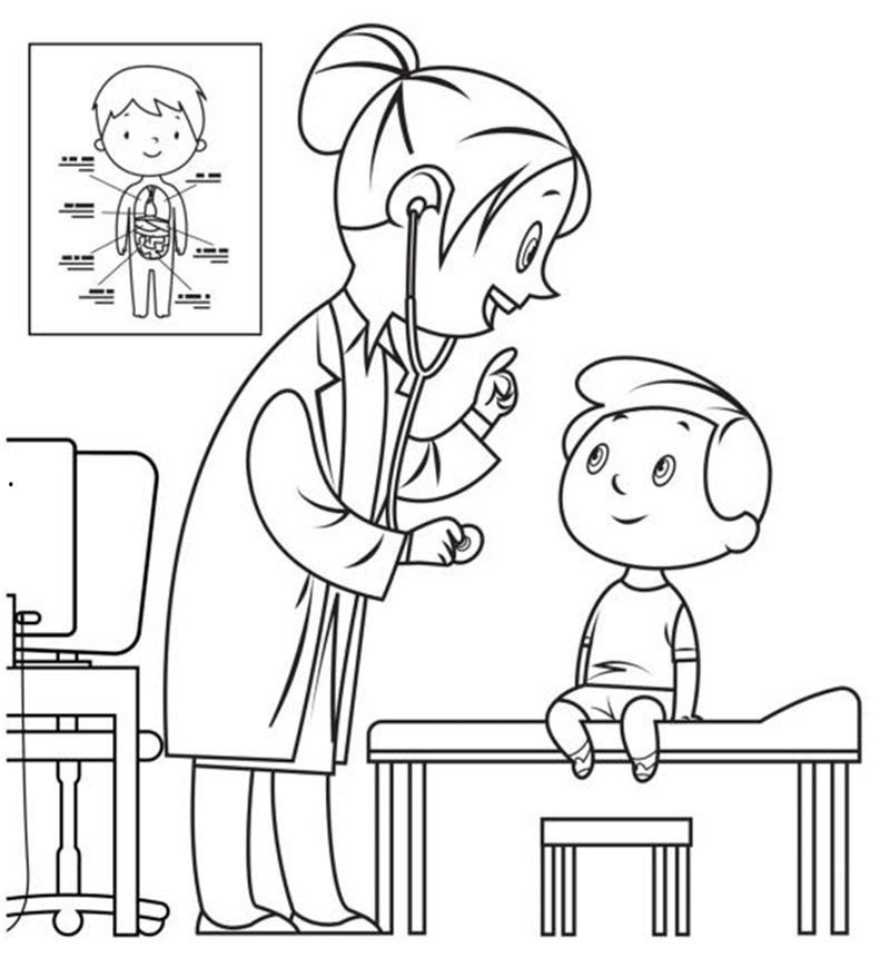 Vector black and white doctor and child