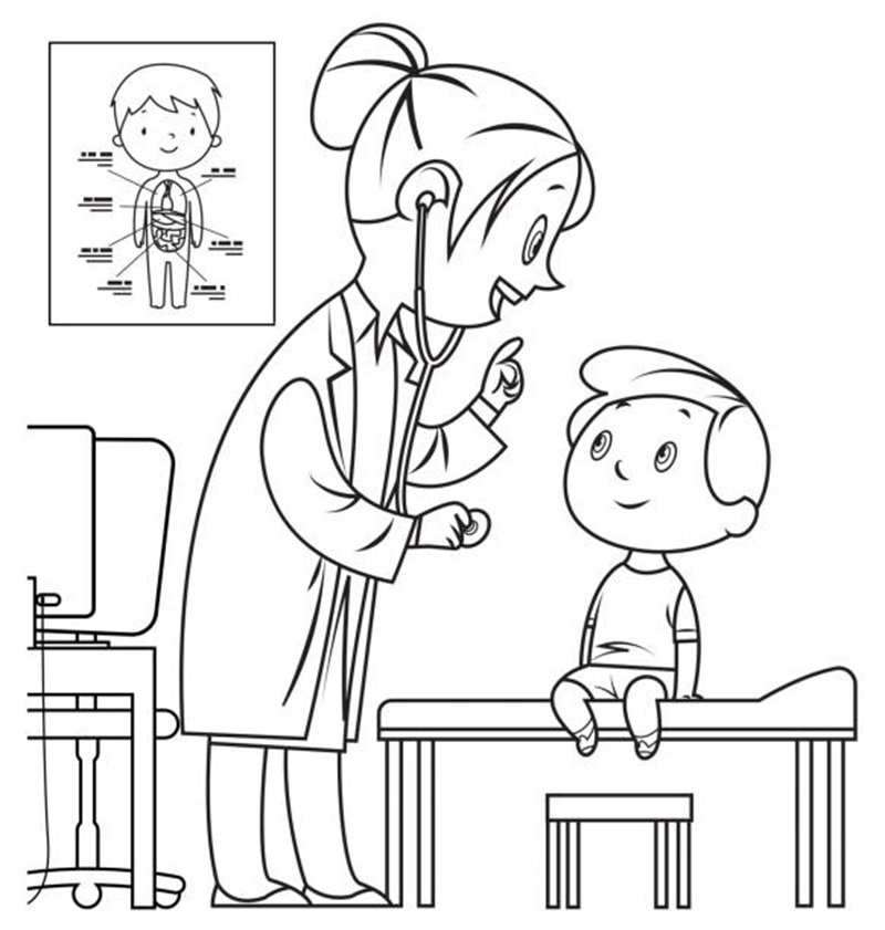 Vector black and white doctor and child