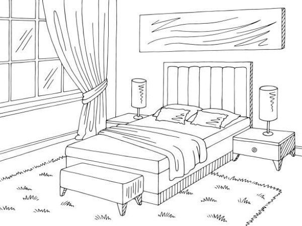 Bedroom graphic black white home interior sketch illustration vector