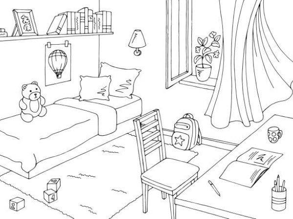 Children room graphic black white home interior sketch illustration vector