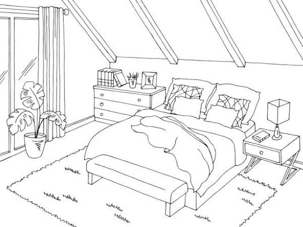 Attic bedroom black white graphic home interior sketch illustration vector