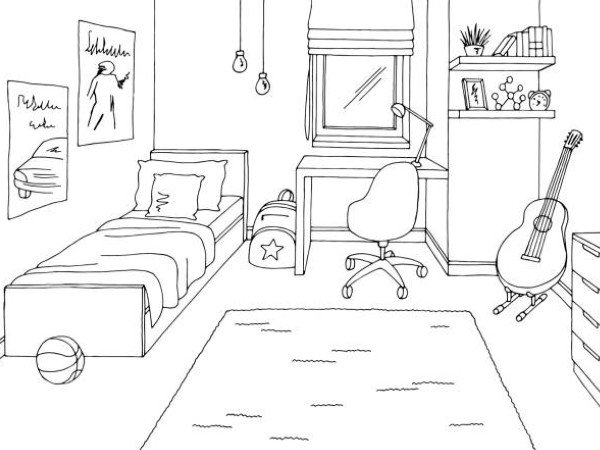 Teenager room graphic black white home interior sketch illustration vector