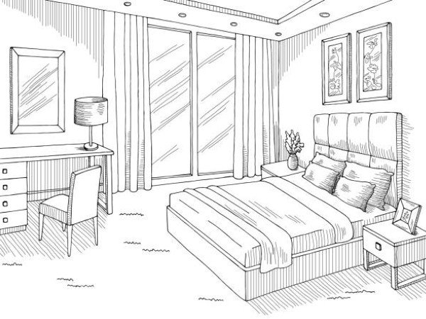 Bedroom graphic black white interior sketch illustration vector