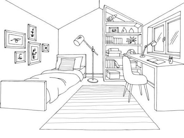 Children room graphic black white home interior sketch illustration vector