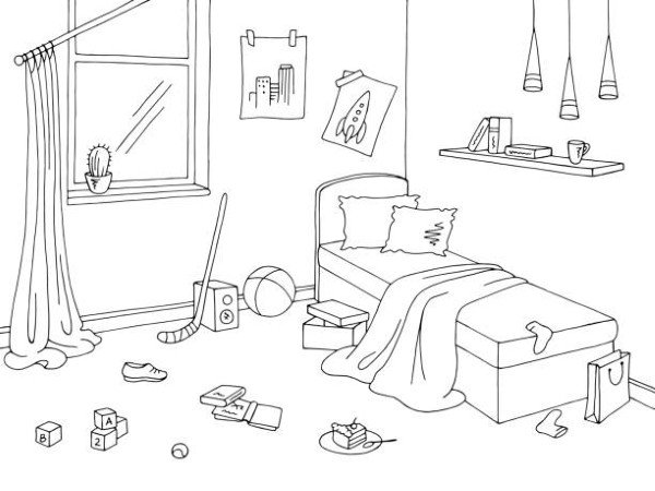 Mess children room graphic black white interior sketch illustration vector