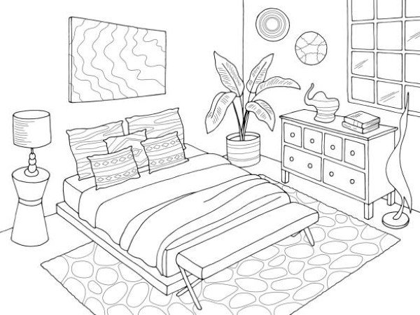 Bedroom graphic black white home interior sketch illustration vector