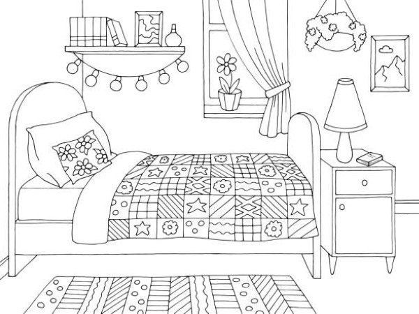 Bedroom graphic black white home interior sketch illustration vector