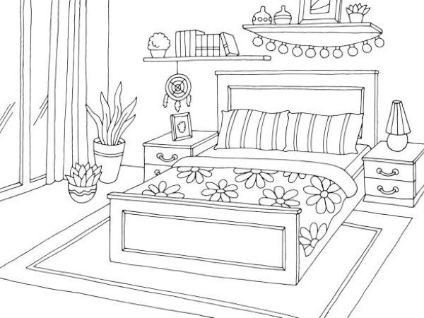 Bedroom graphic black white home interior sketch illustration vector