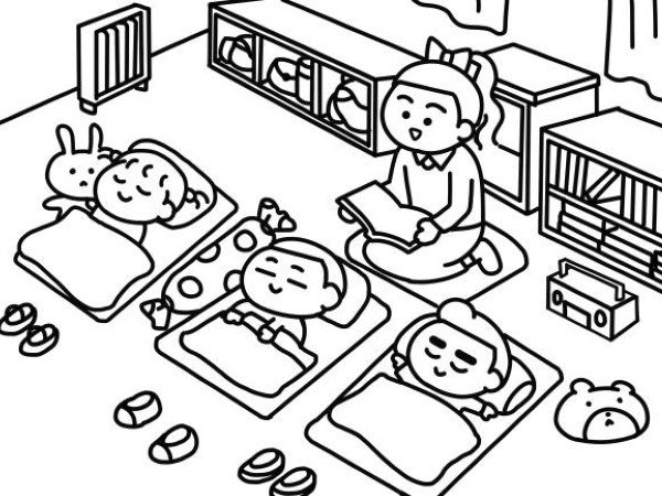 Children napping time at school coloring pages style.