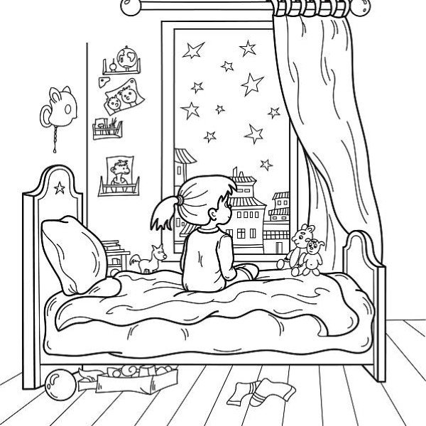 girl looking at stars in window before sleep, vector outline drawing