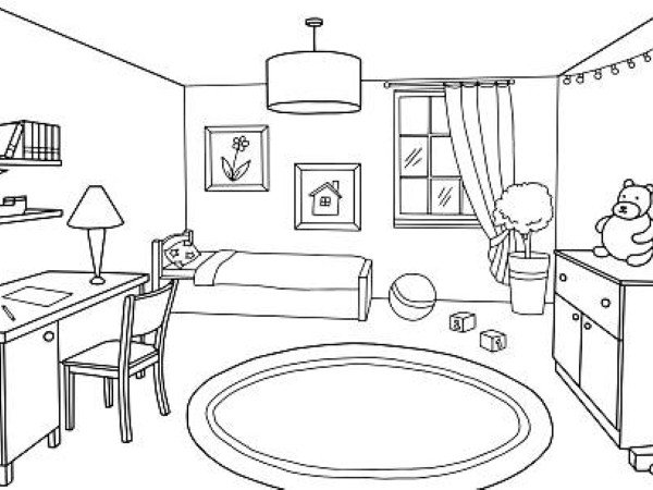Children room graphic black white home interior sketch illustration vector