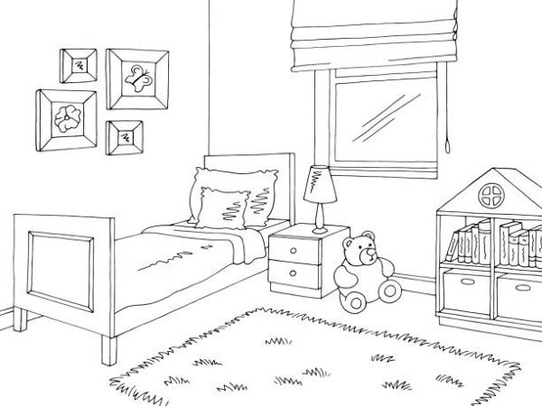 Children room graphic black white interior sketch illustration vector
