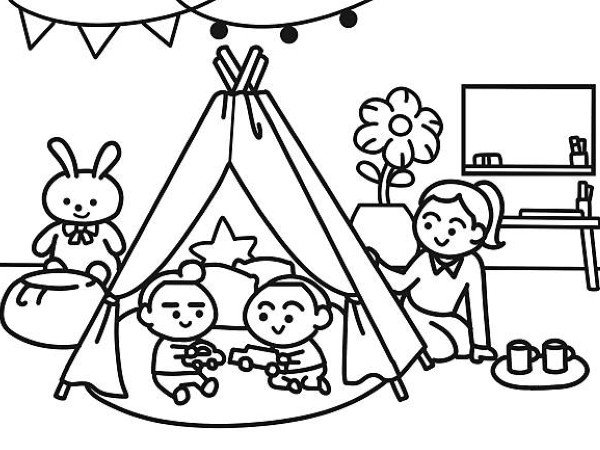 Kids playing in tent at the room coloring pages style.