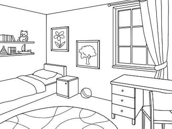 Children room graphic black white home interior sketch illustration vector
