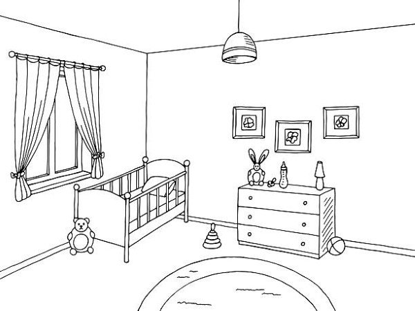 Baby room black white interior graphic art sketch illustration vector