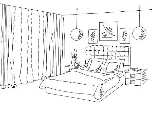 Bedroom black white graphic interior sketch illustration vector