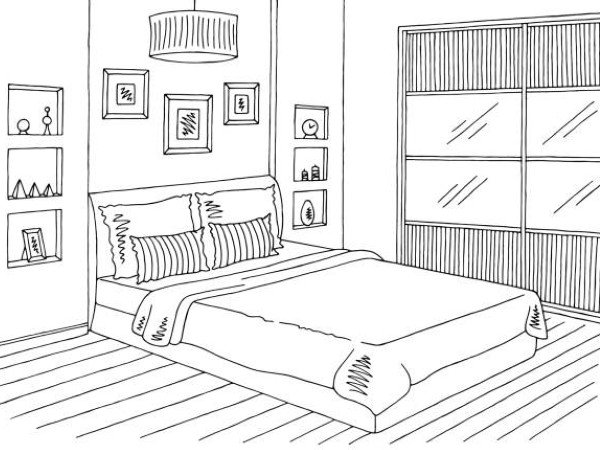 Bedroom graphic black white interior sketch illustration vector