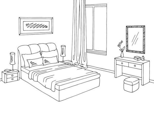 Bedroom graphic black white interior sketch illustration vector