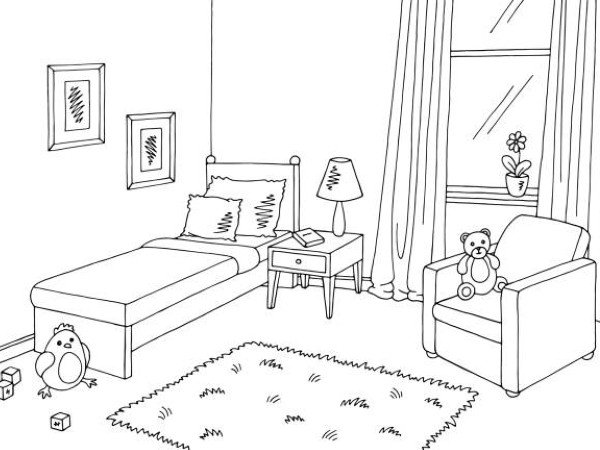 Children room graphic black white interior sketch illustration vector