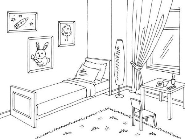Children room graphic black white interior sketch illustration vector