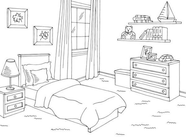 Children room graphic black white home interior sketch illustration vector