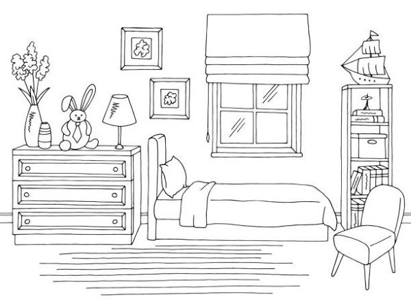 Children room graphic black white home interior sketch illustration vector