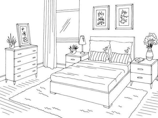 Bedroom graphic black white home interior sketch illustration vector